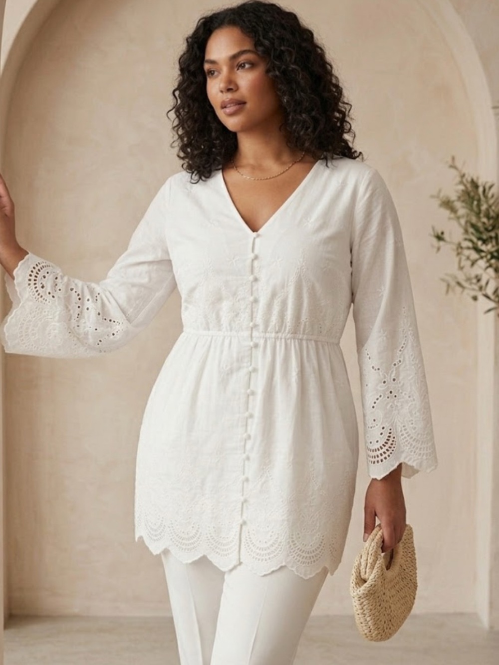 White Eyelet Embroidered V-Neck Peasant Top